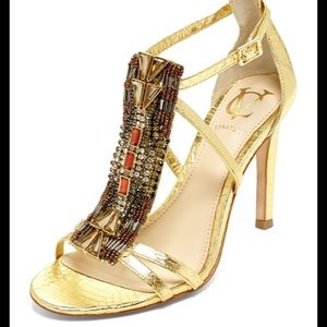 NWOT Vince Camuto Signature Roselle Embellished Gold Sandal w/4" Heel